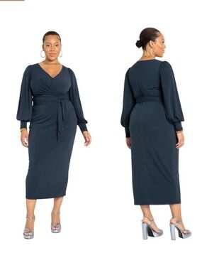 NWT ELOQUII Midi Dress 20 Blue Jersey Stretch Cross Front Ties Long Sleeve